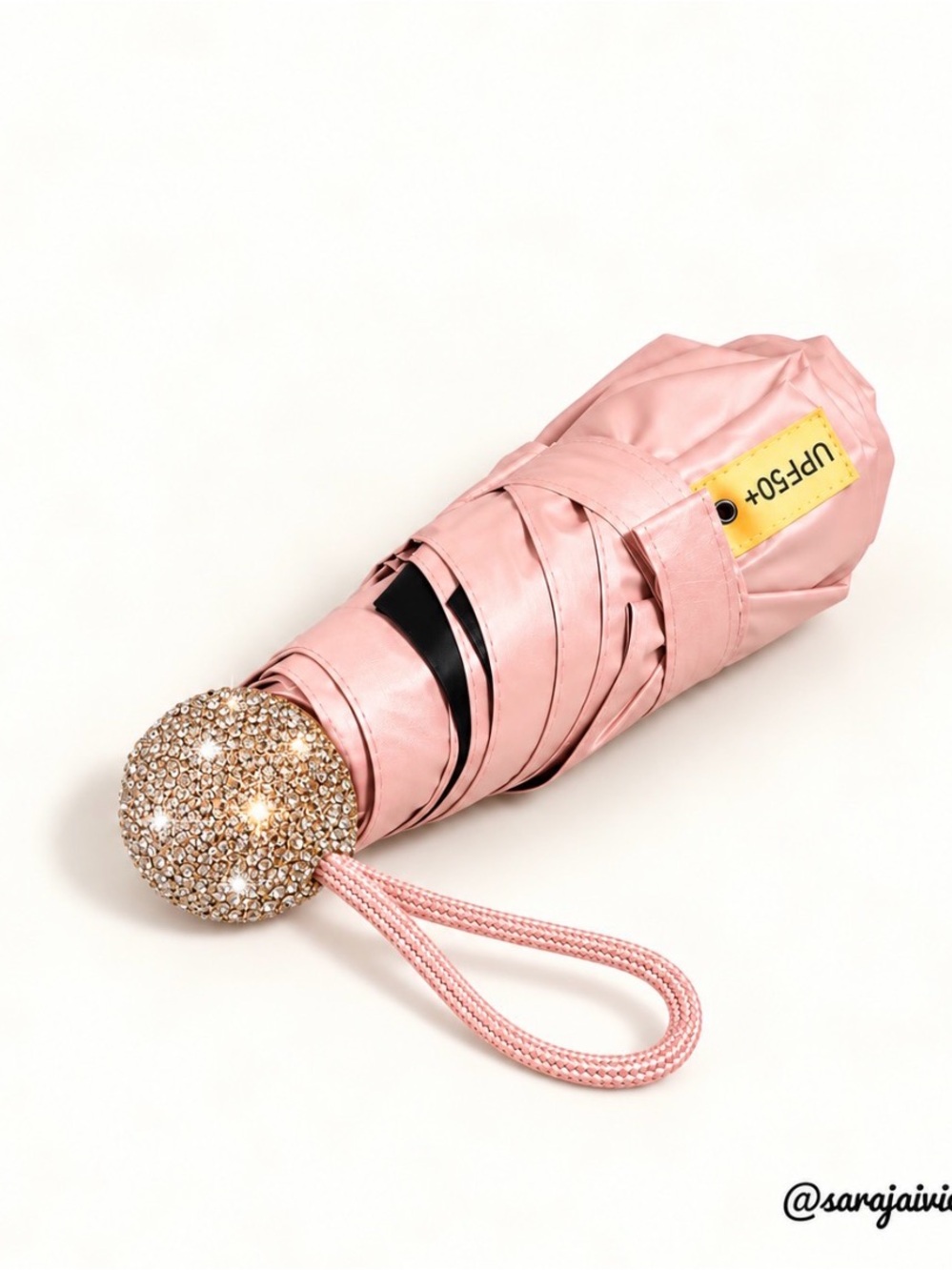 Compact Pink Foldable Umbrella with Crystal Handle